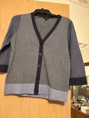 Talbots Navy and Light Blue Striped V‑Neck Button Cardigan